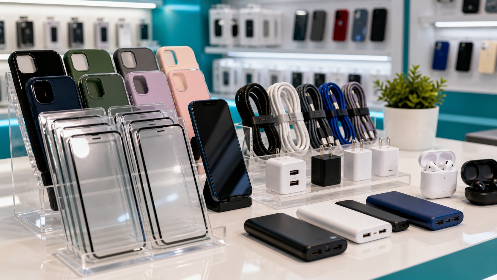 Phone cases screen protectors cables and power banks